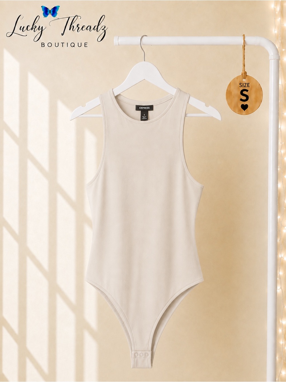 Express Body Contour Cream High Neck Bodysuit Sleeveless Racerback S